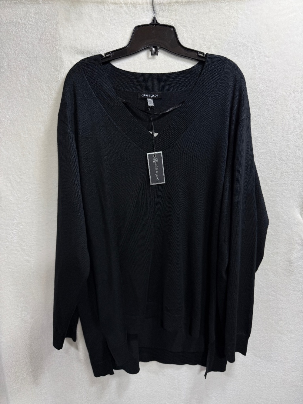 Cable & Gauge 3X JetBlack Rayon V-Neck Sweater w/Ribbed Collar - Tunic Length